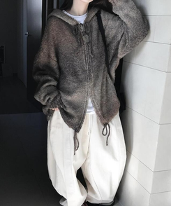 ジャンパー フードウールニットジップアップ BROWN