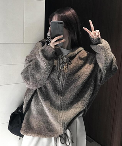 ジャンパー フードウールニットジップアップ BROWN