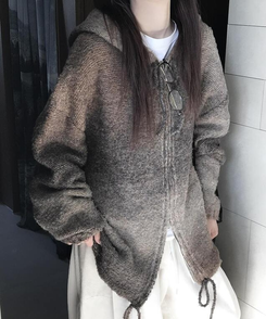 ジャンパー フードウールニットジップアップ BROWN