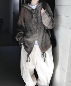 ジャンパー フードウールニットジップアップ BROWN