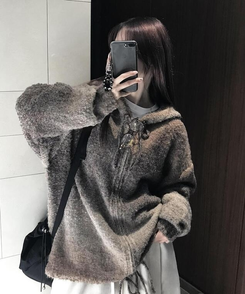 ジャンパー フードウールニットジップアップ BROWN