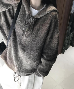 ジャンパー フードウールニットジップアップ BROWN