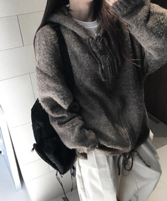 ジャンパー フードウールニットジップアップ BROWN