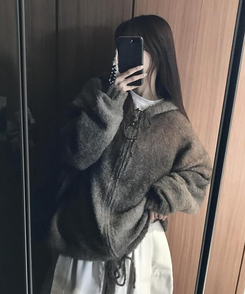 ジャンパー フードウールニットジップアップ BROWN