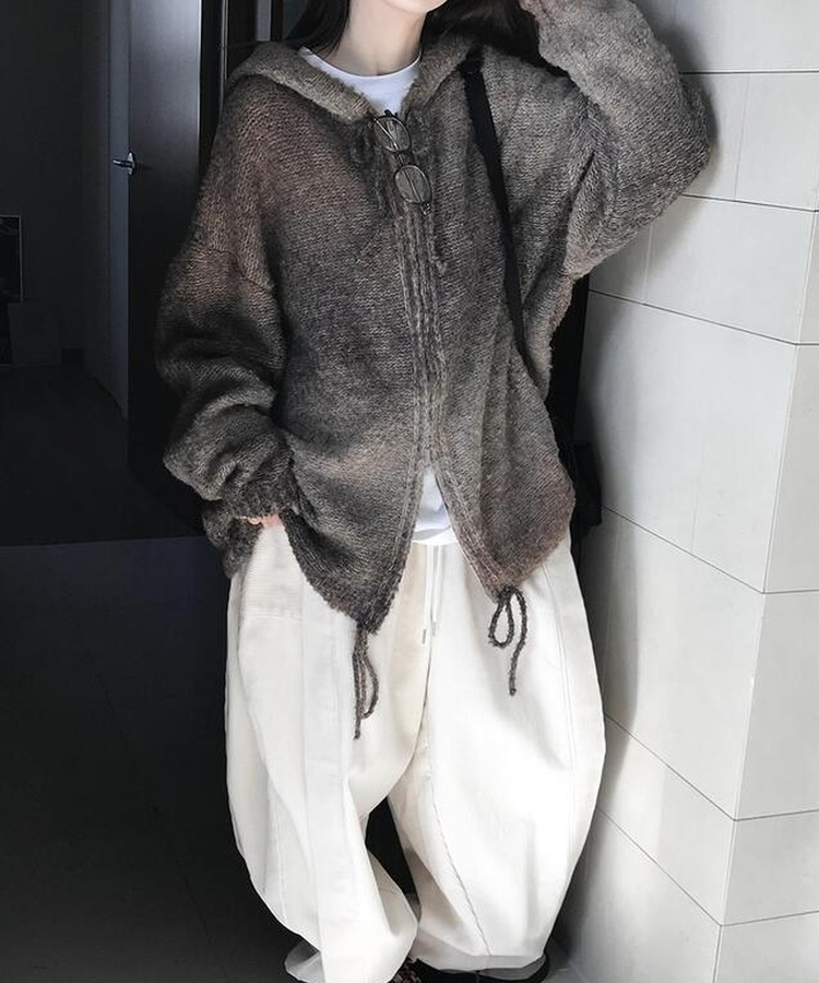 フードウールニットジップアップ BROWN