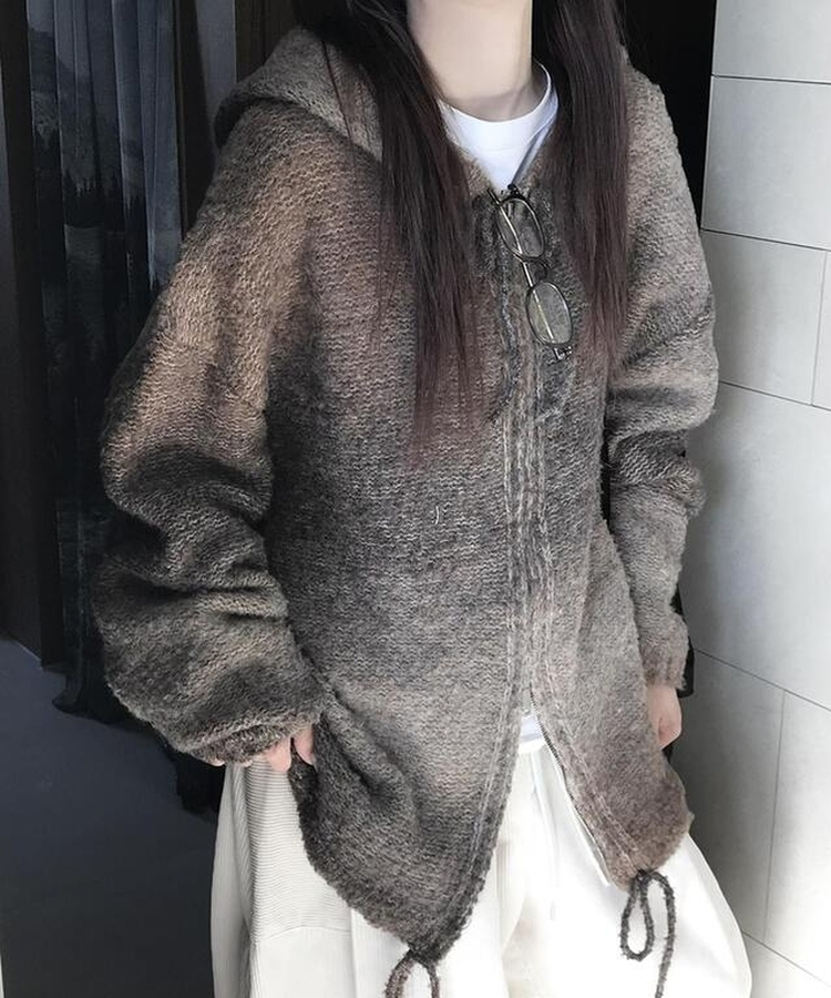フードウールニットジップアップ BROWN