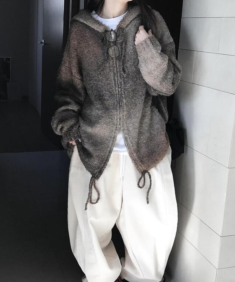 フードウールニットジップアップ BROWN