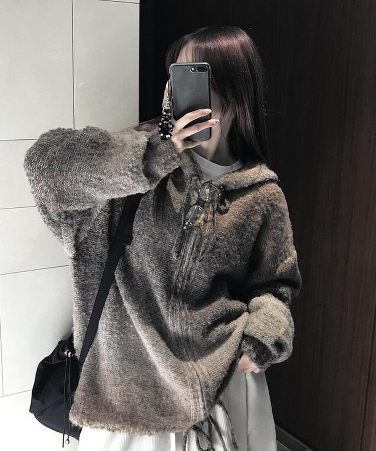 フードウールニットジップアップ BROWN