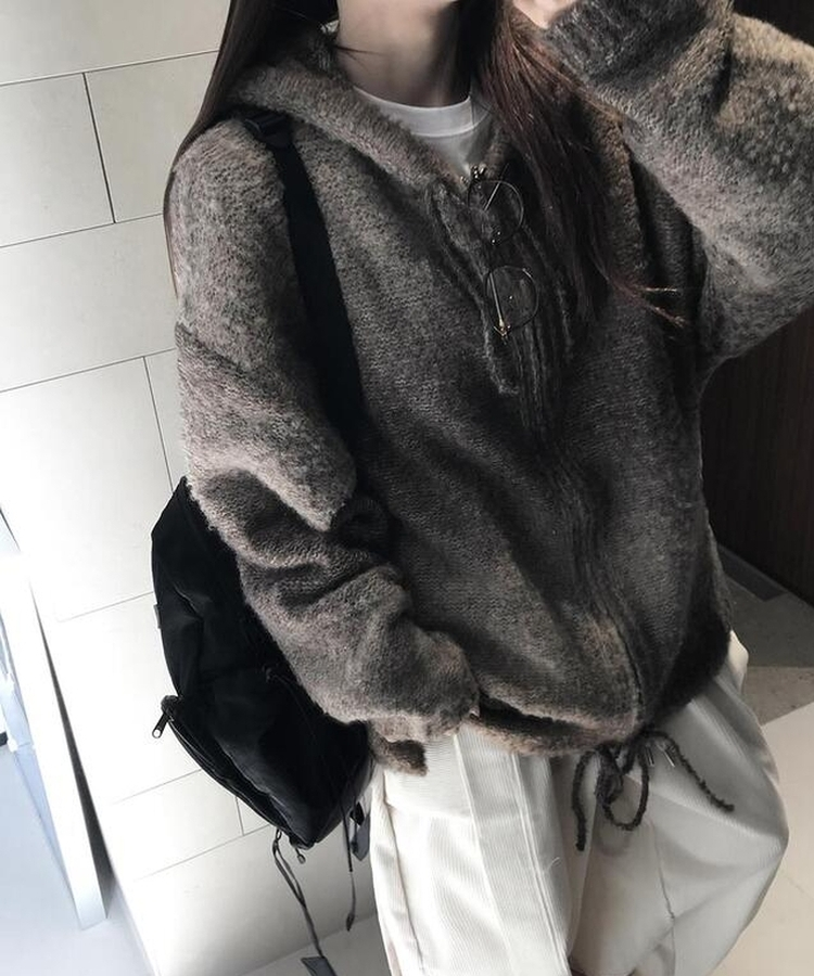 フードウールニットジップアップ BROWN
