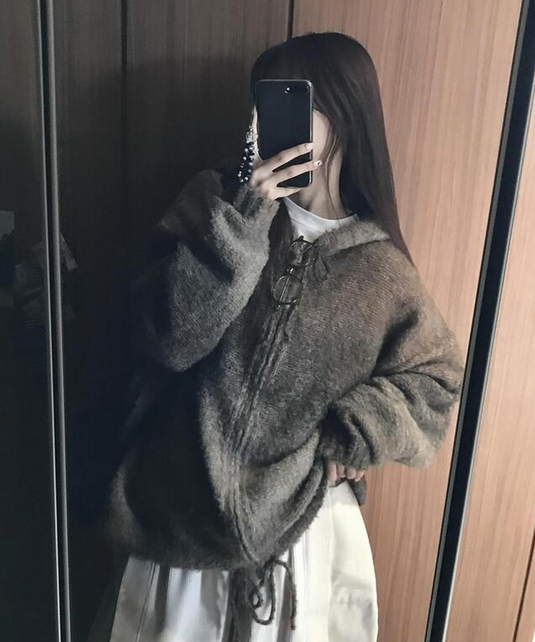フードウールニットジップアップ BROWN
