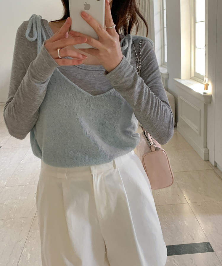 【SET】リボンレイヤードビスチェ ニット(6color) LIGHT BLUE