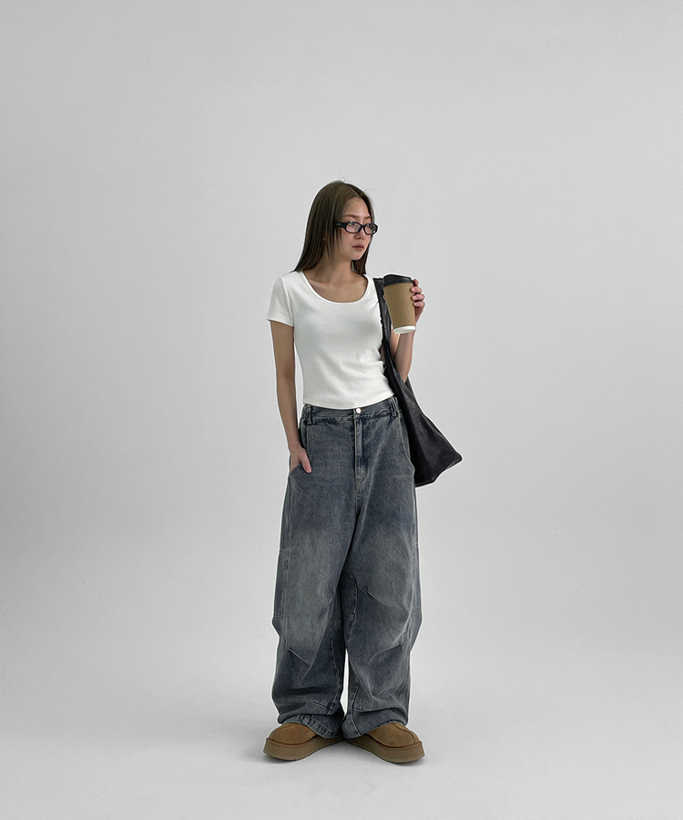 ウォッシングバンディングワイドデニムパンツ
