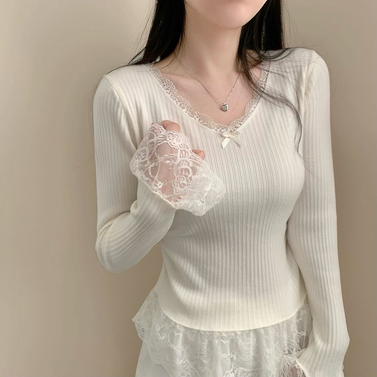 レースリボンスリムVネックニット WHITE