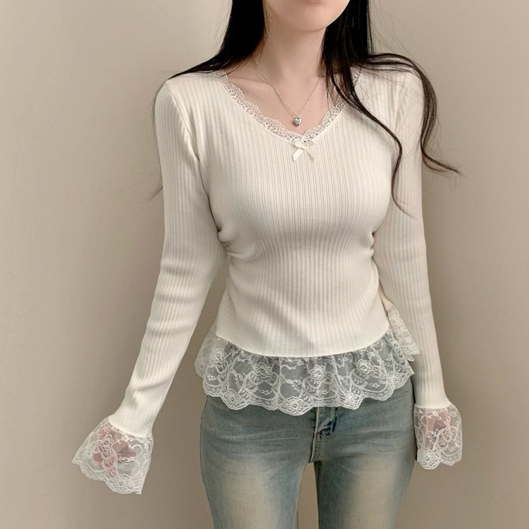 レースリボンスリムVネックニット WHITE