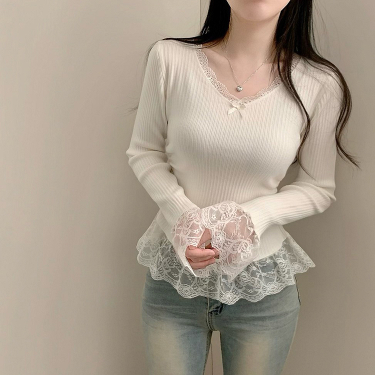 レースリボンスリムVネックニット WHITE