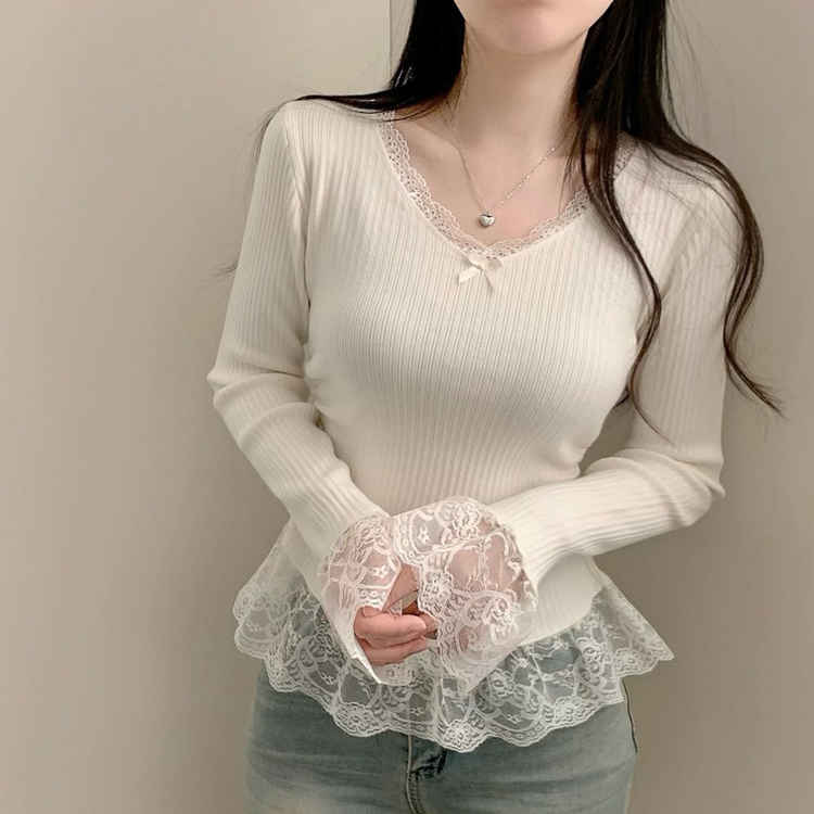 レースリボンスリムVネックニット WHITE