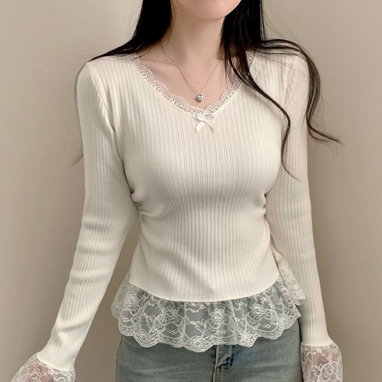 レースリボンスリムVネックニット WHITE
