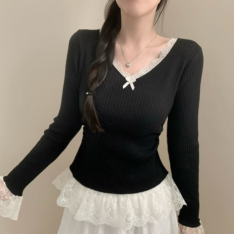 レースリボンスリムVネックニット BLACK