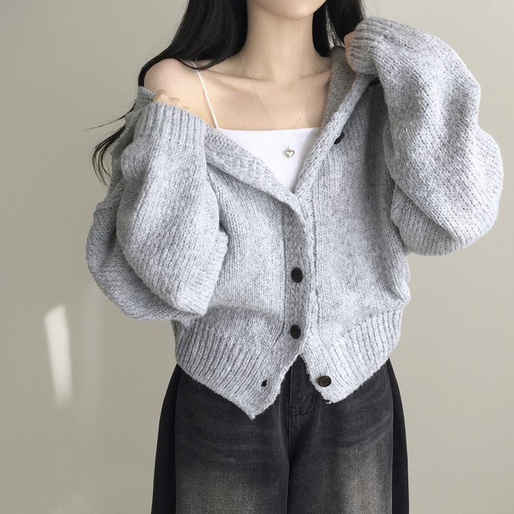 シュークリームフードニットカーディガン(5color) GRAY