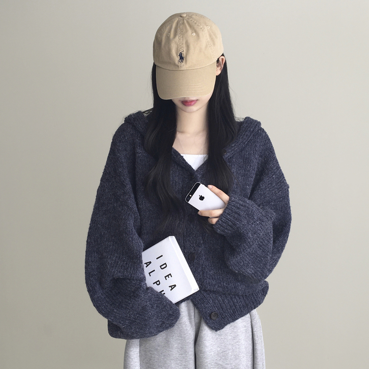 シュークリームフードニットカーディガン(5color) NAVY