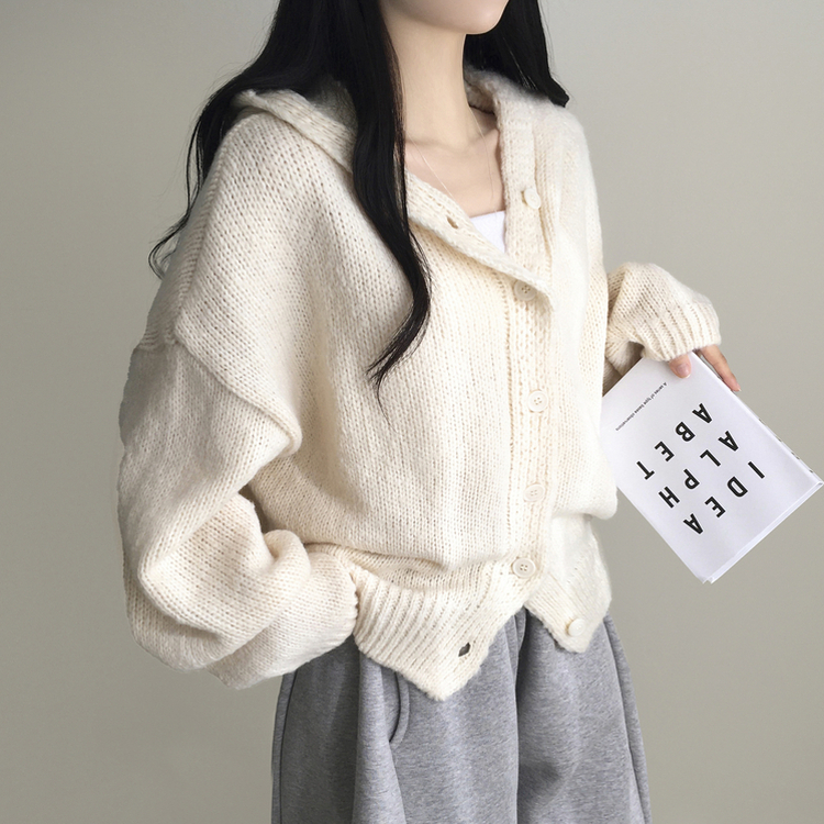 シュークリームフードニットカーディガン(5color) IVORY