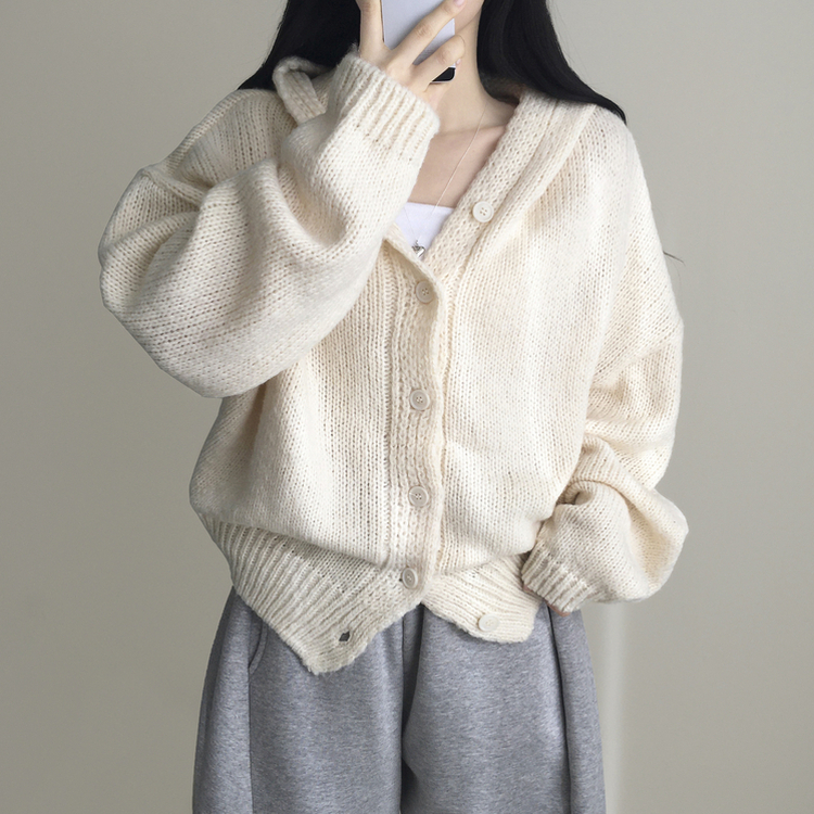シュークリームフードニットカーディガン(5color) IVORY
