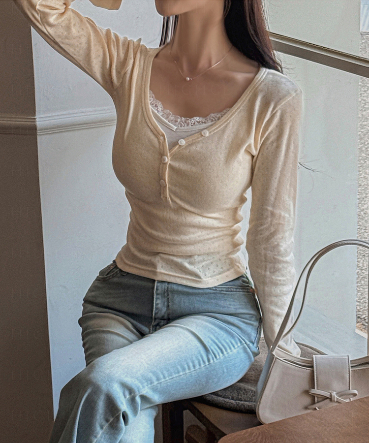 VネックボタンセミクロップTシャツ CREAM