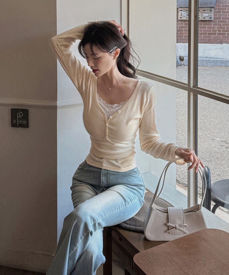 VネックボタンセミクロップTシャツ CREAM
