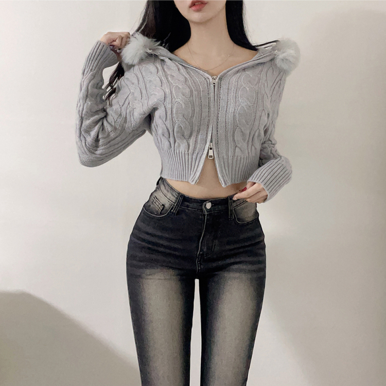シュエファーフードニットジップアップ GRAY