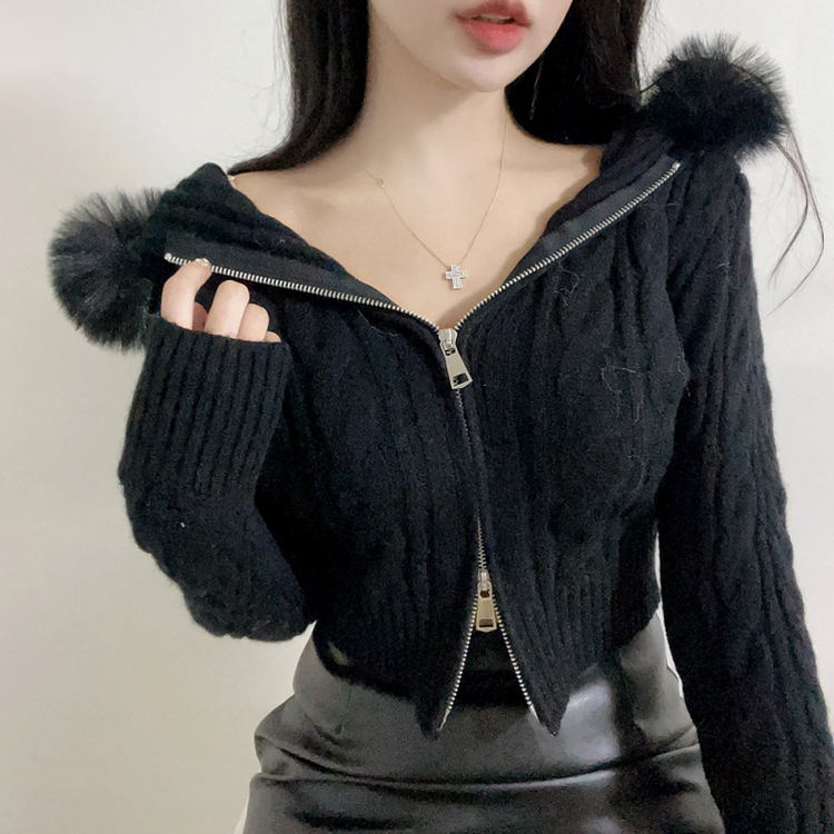 シュエファーフードニットジップアップ BLACK