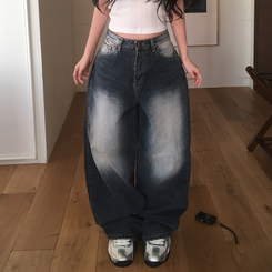 デニム ヒップ刺繍ポイントビンテージワイドデニム DARK DENIM