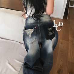 デニム ヒップ刺繍ポイントビンテージワイドデニム DARK DENIM