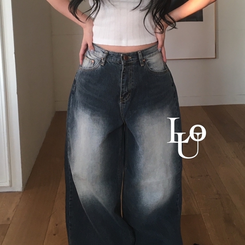 デニム ヒップ刺繍ポイントビンテージワイドデニム DARK DENIM