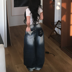 デニム ヒップ刺繍ポイントビンテージワイドデニム DARK DENIM