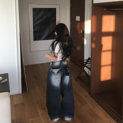 デニム ヒップ刺繍ポイントビンテージワイドデニム DARK DENIM