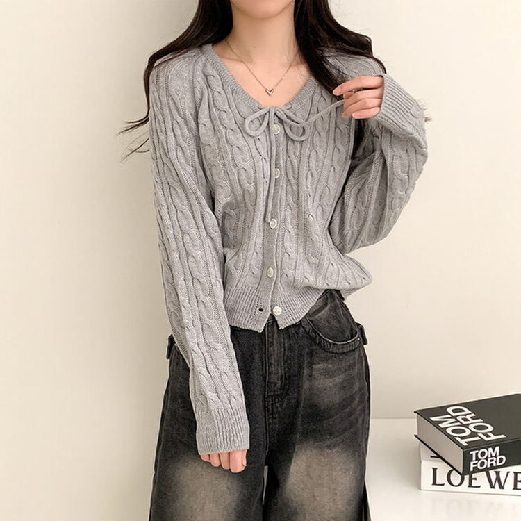リボンルーズケーブルニットカーディガン(5color) GREY