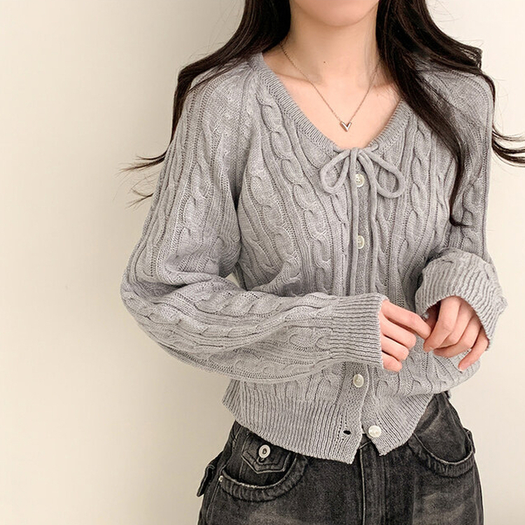 リボンルーズケーブルニットカーディガン(5color) GREY