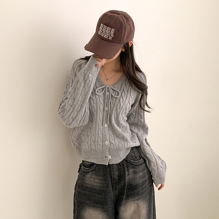 リボンルーズケーブルニットカーディガン(5color) GREY