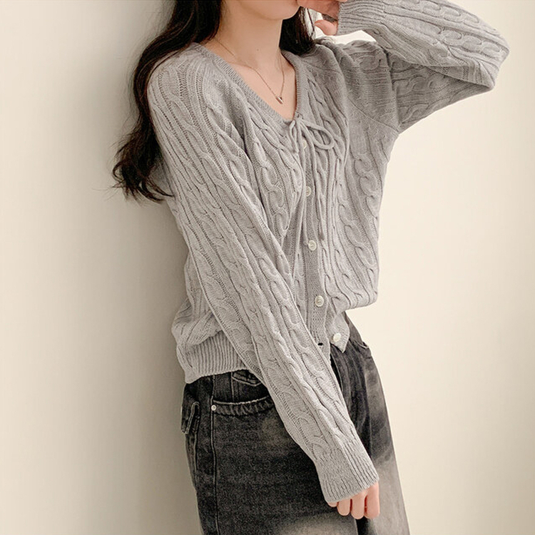 リボンルーズケーブルニットカーディガン(5color) GREY