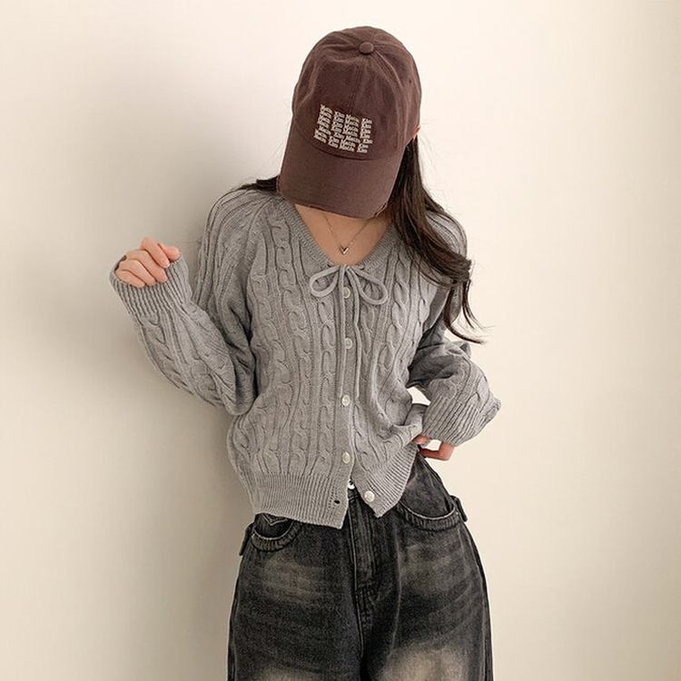 リボンルーズケーブルニットカーディガン(5color) GREY