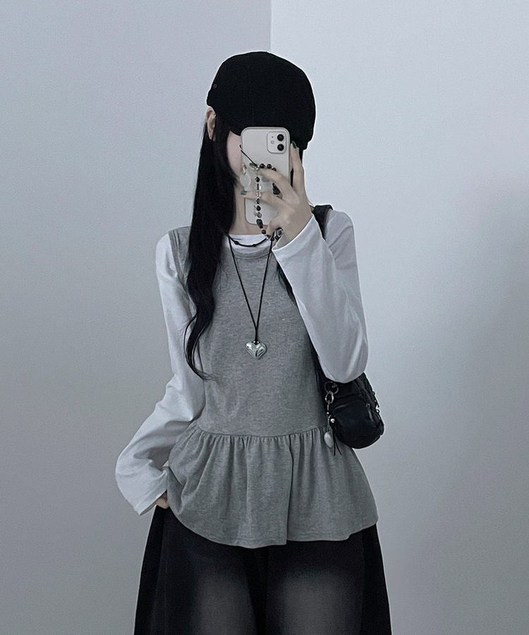 コットンフリルレイヤードキャミソールワンピース GRAY