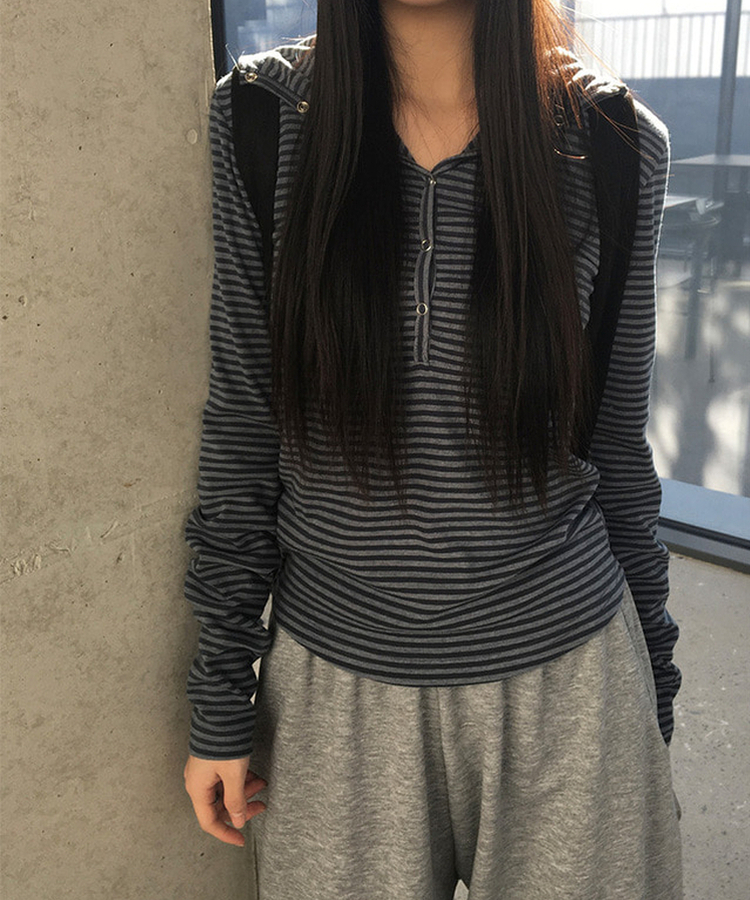 ラットスナップフードボタンTシャツ STRIPE