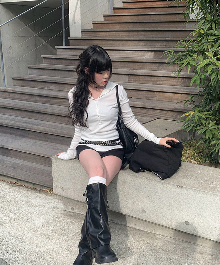 ラットスナップフードボタンTシャツ WHITE