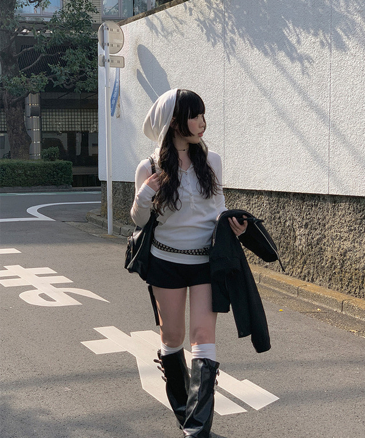 ラットスナップフードボタンTシャツ WHITE