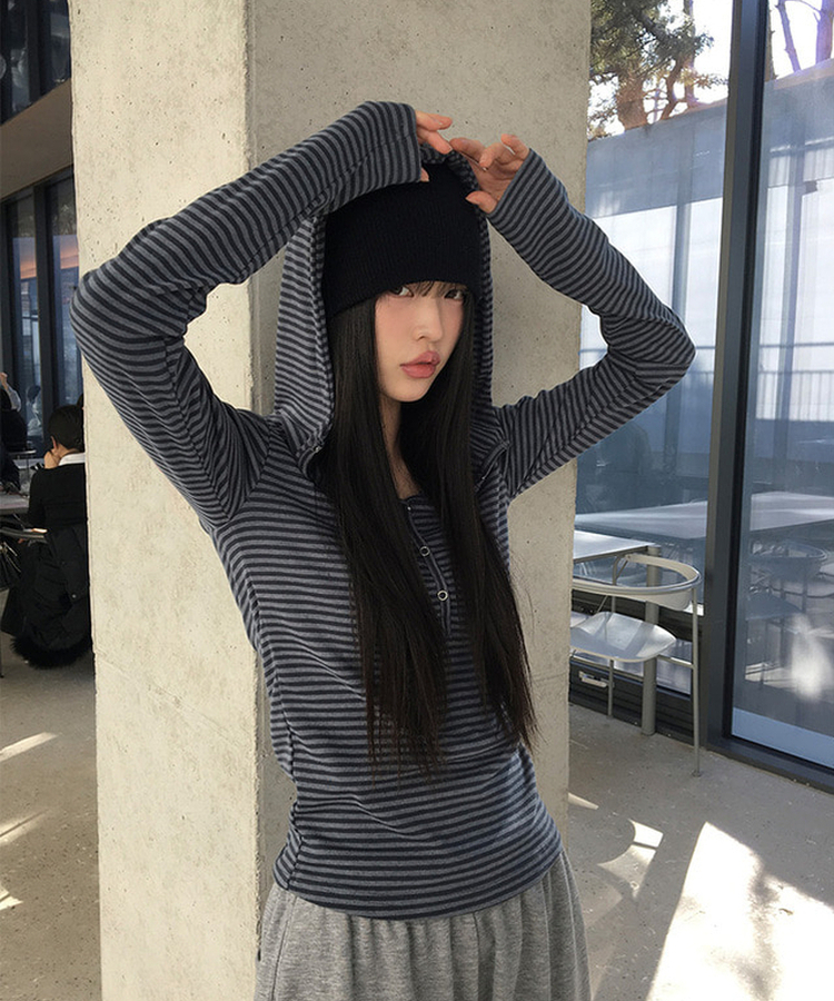 ラットスナップフードボタンTシャツ STRIPE