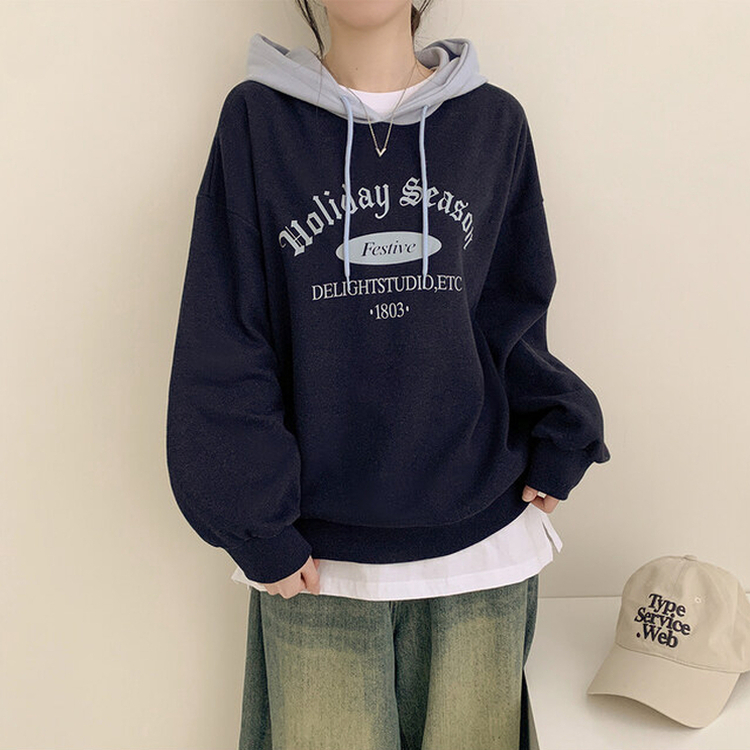 レタリングバイカラーストリングルーズフード NAVY