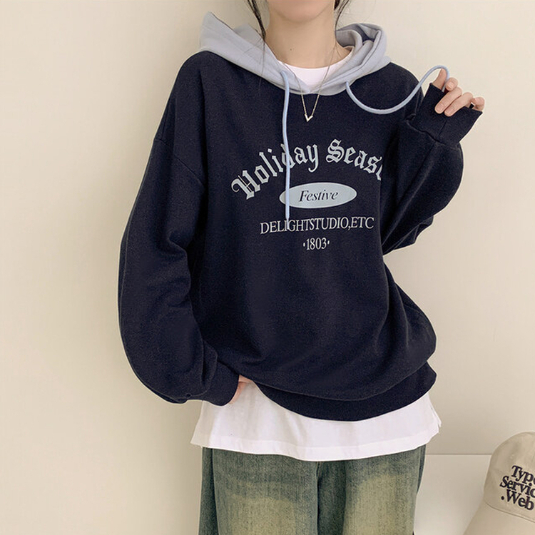 レタリングバイカラーストリングルーズフード NAVY