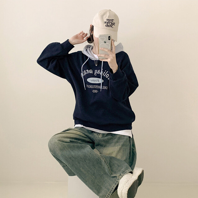 レタリングバイカラーストリングルーズフード NAVY
