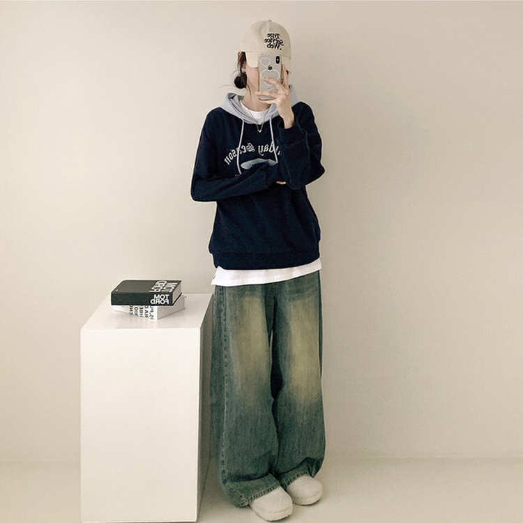 レタリングバイカラーストリングルーズフード NAVY