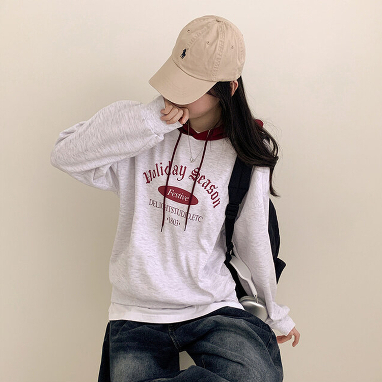 レタリングバイカラーストリングルーズフード MELANGE WHITE